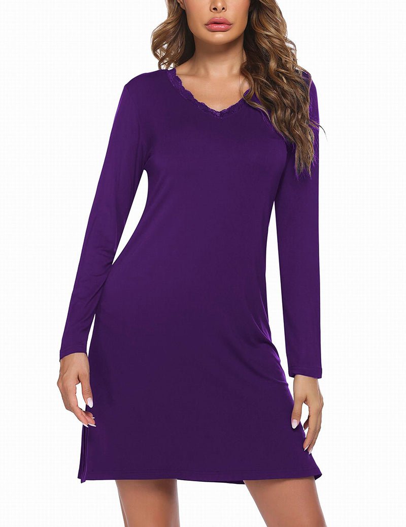Long-sleeve nightgown, purple solid knit, lace-trim neckline, long sleeves, short hem