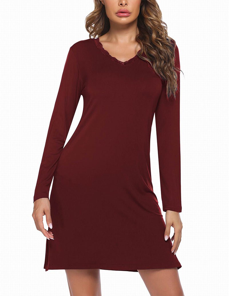 Long-sleeve nightgown, wine-red solid knit, lace-trim neckline, long sleeves, short hem