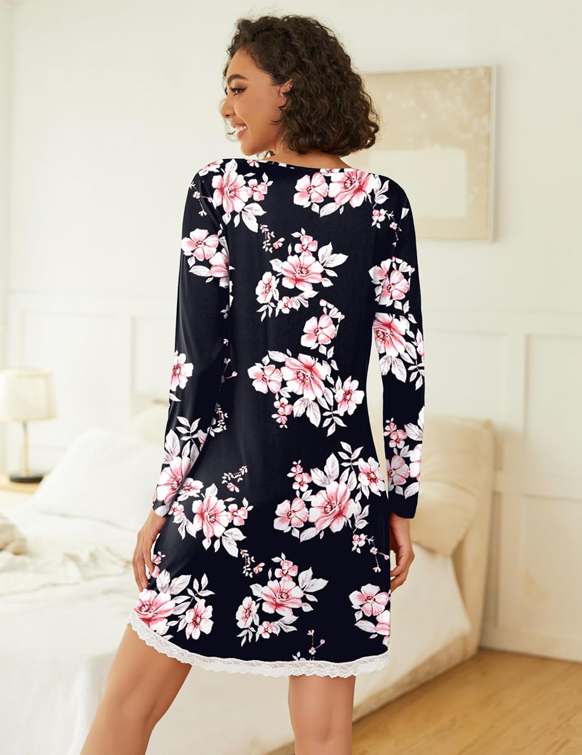 Long sleeve nightgown V-neck, black with pink floral print and lace-trim hem (back)