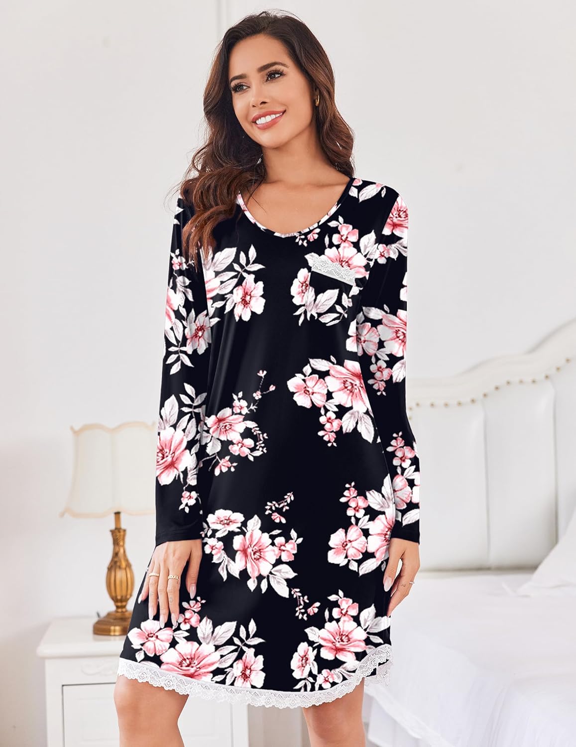 Long sleeve nightgown V-neck, black with pink floral print and lace-trim hem
