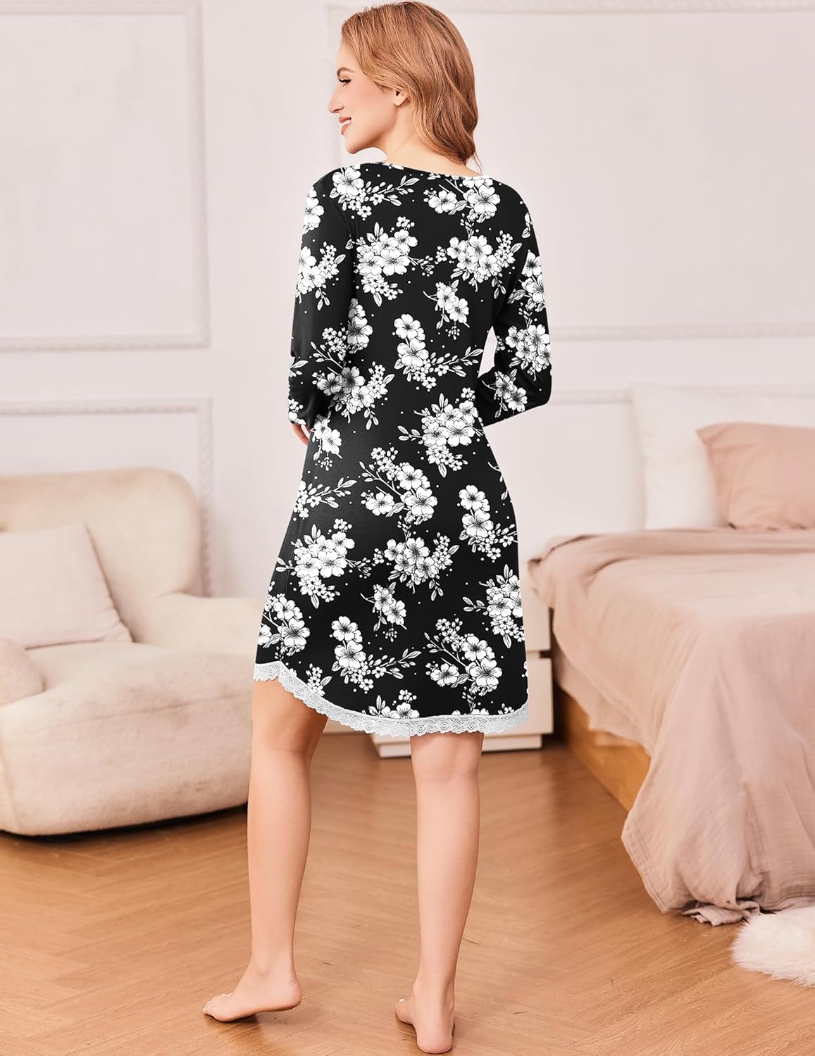 Long sleeve nightgown V-neck, black floral print with lace-trim hem (back view)