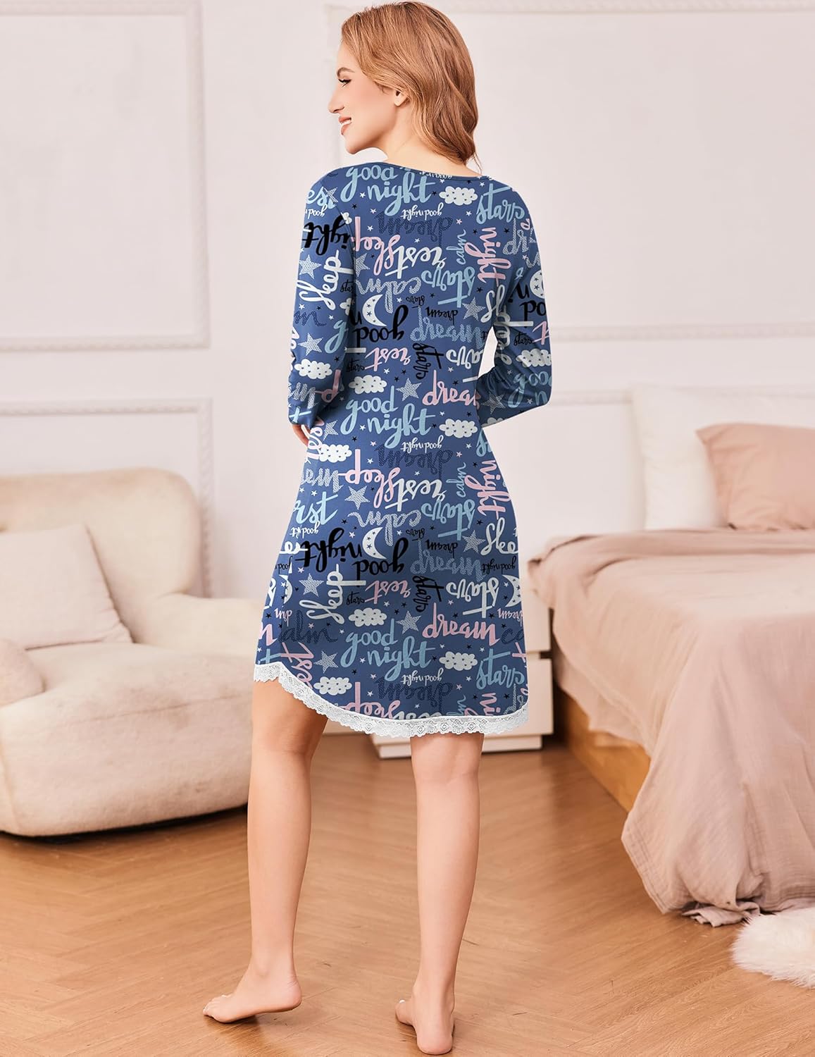 Blue star-and-script nightgown, long sleeves, lace-trimmed hem, back view