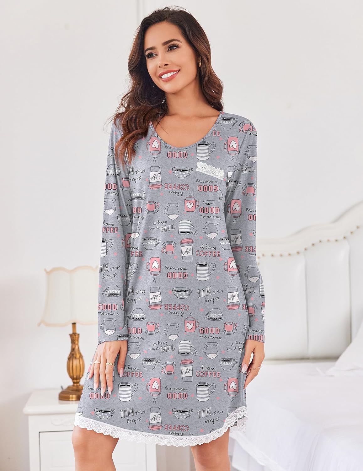 V-neck long-sleeve nightgown with lace trim, gray with coffee cup print
