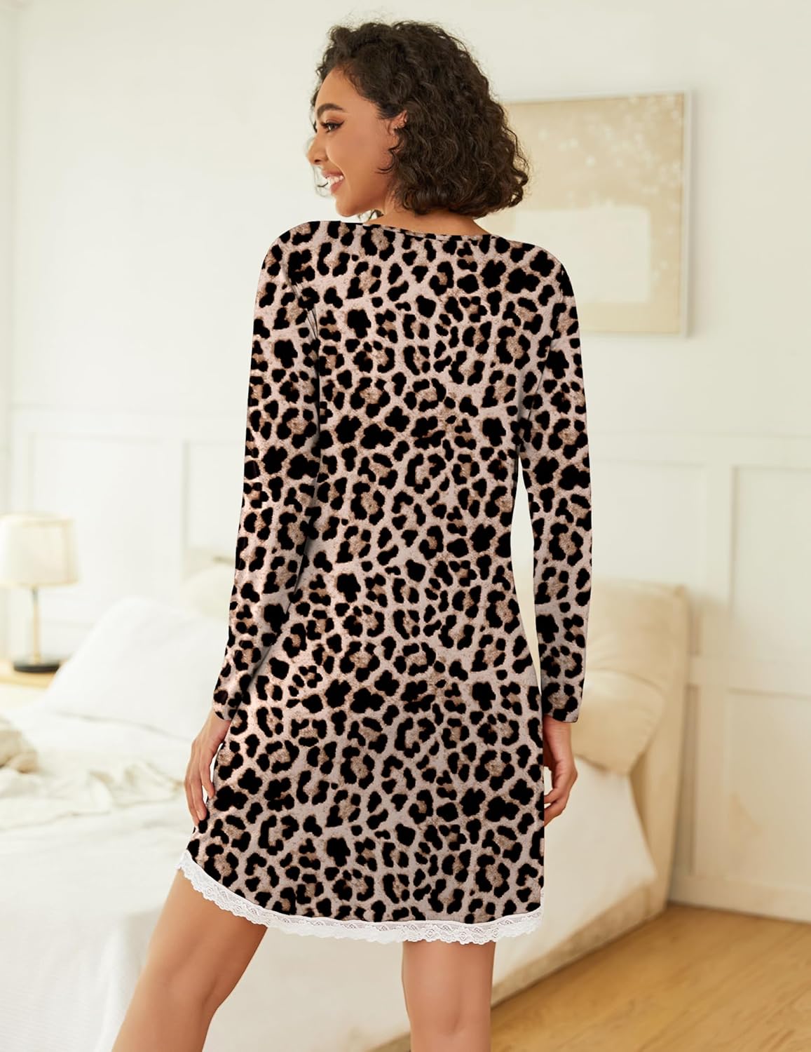 Leopard print long sleeve nightgown with lace-trimmed hem, back view