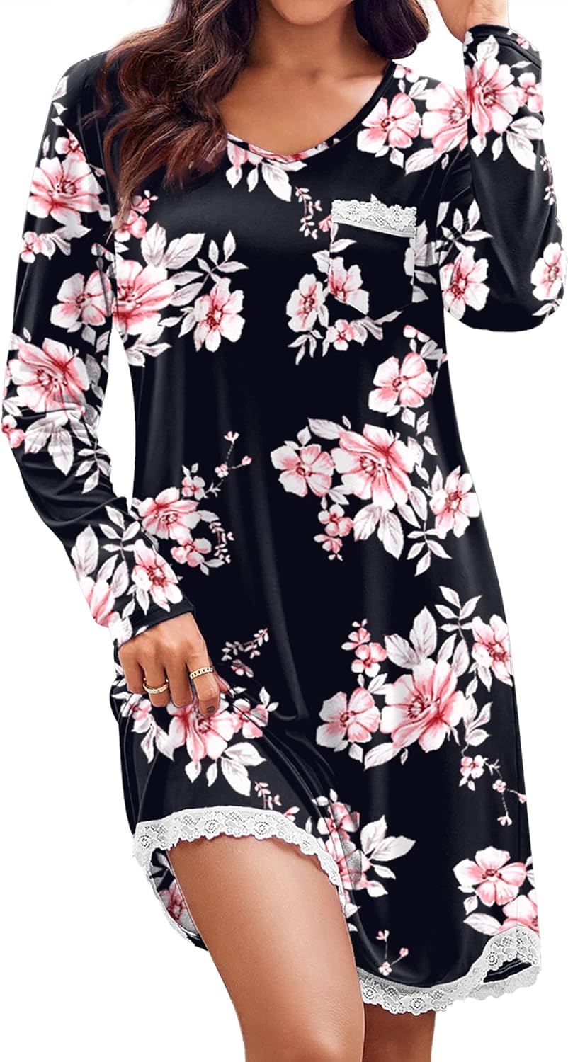 Long sleeve nightgown V-neck, black with pink floral print and lace-trim hem