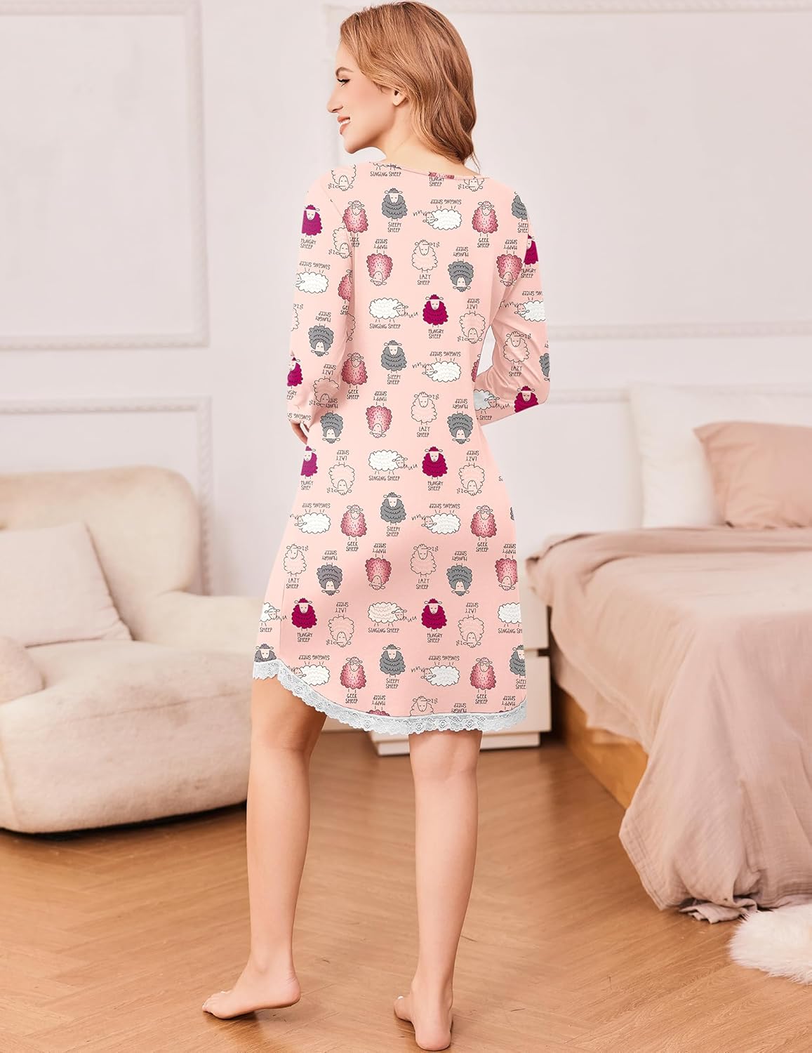 Back view V-neck long-sleeve nightgown with lace trim, sheep pattern