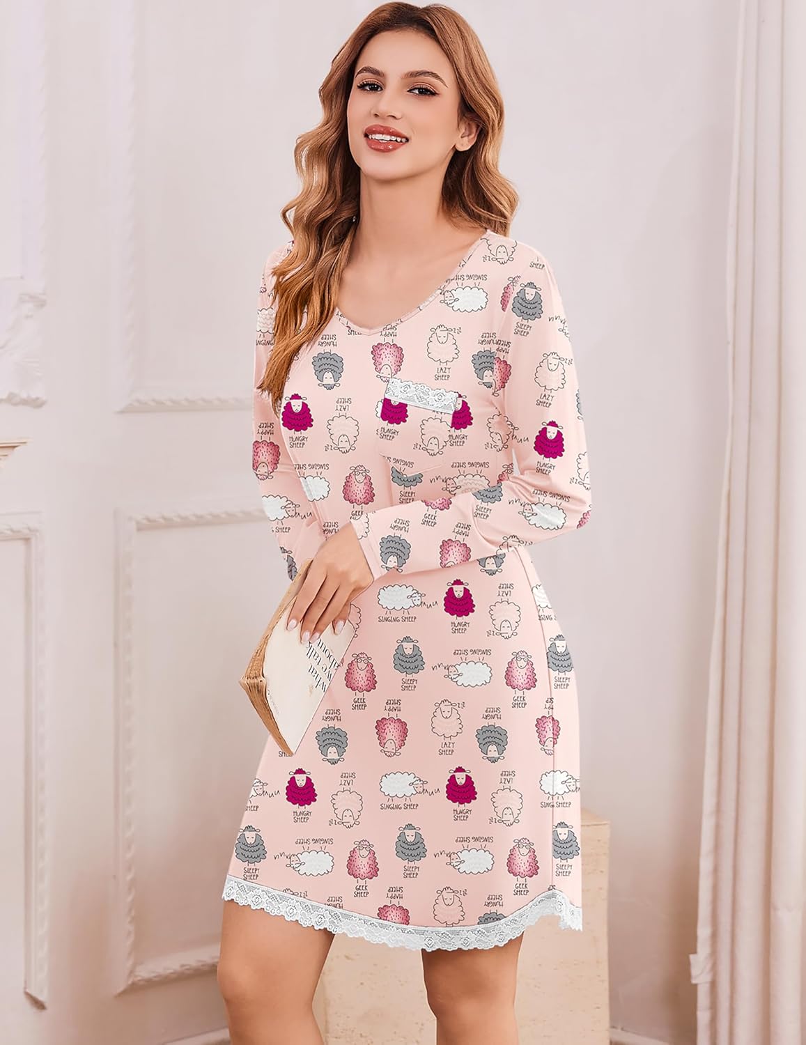 V-neck long-sleeve nightgown with lace trim, light base and sheep pattern
