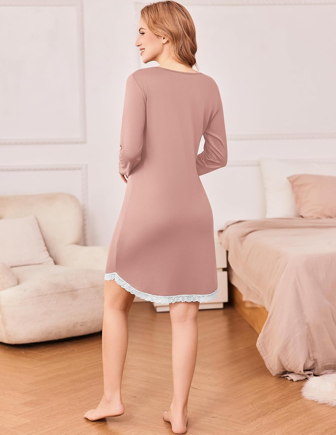 Back view of pink long sleeve V-neck nightgown with white lace hem