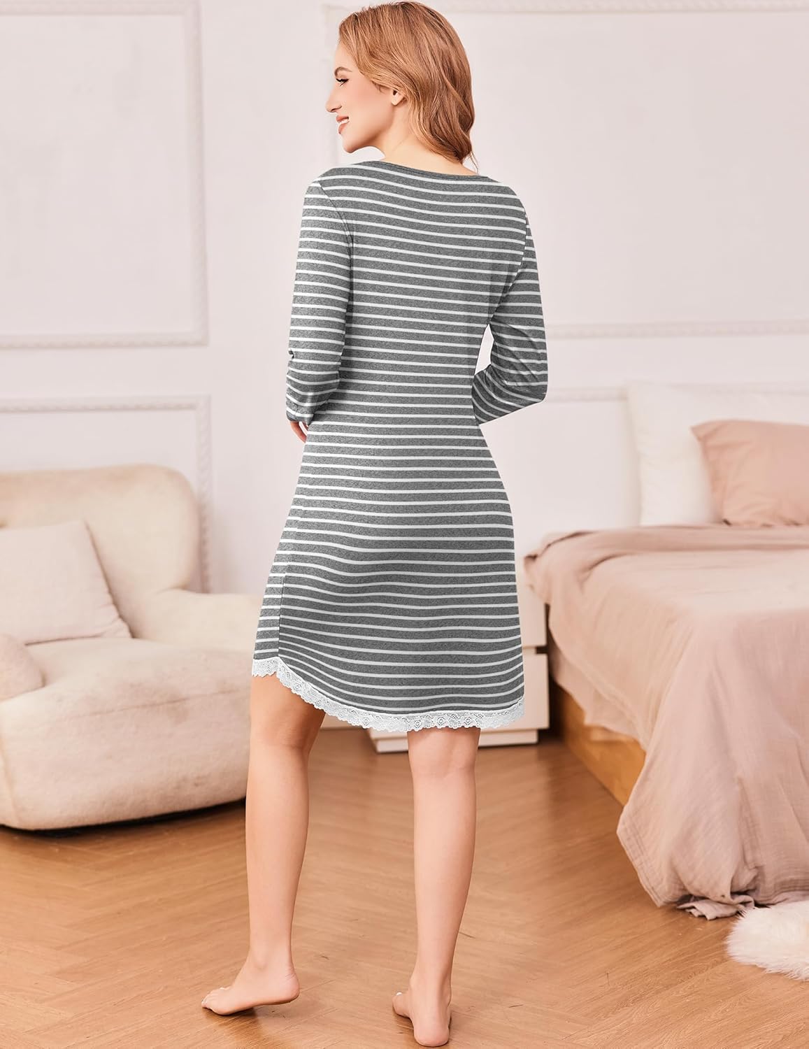 Back view V-neck long-sleeve nightgown with lace trim, gray with white stripes