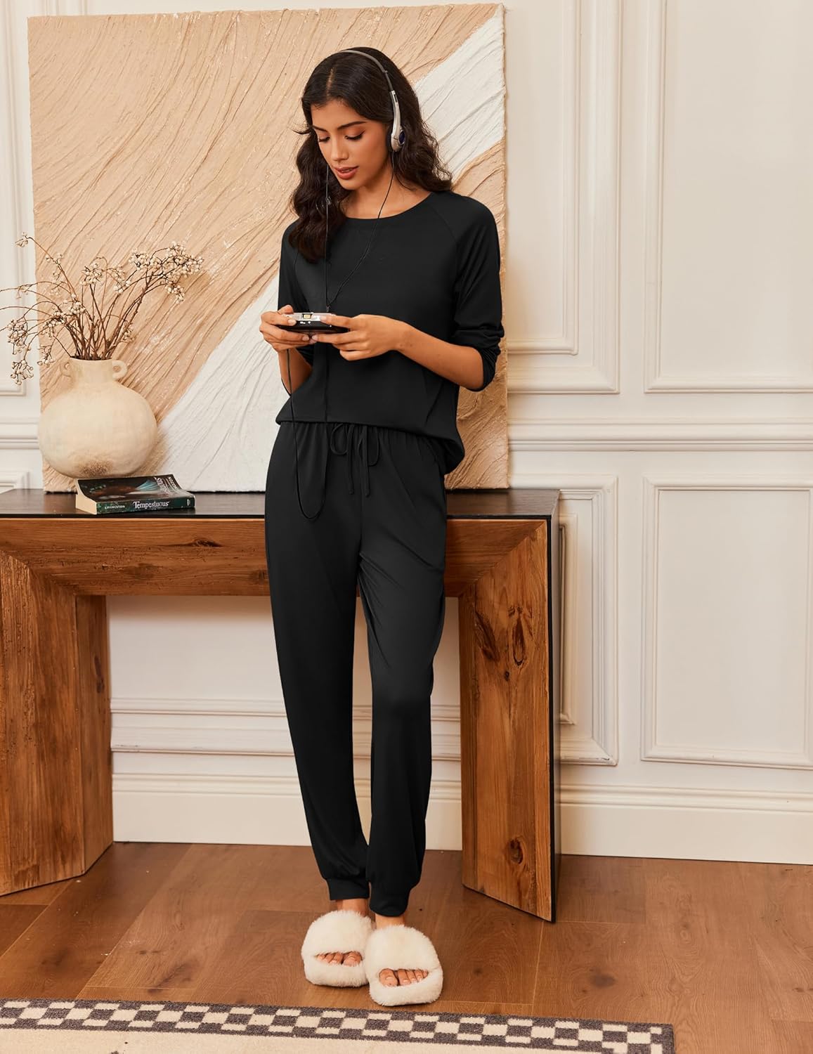 Long-sleeve PJ set in black with drawstring waist and ankle-length tapered pants