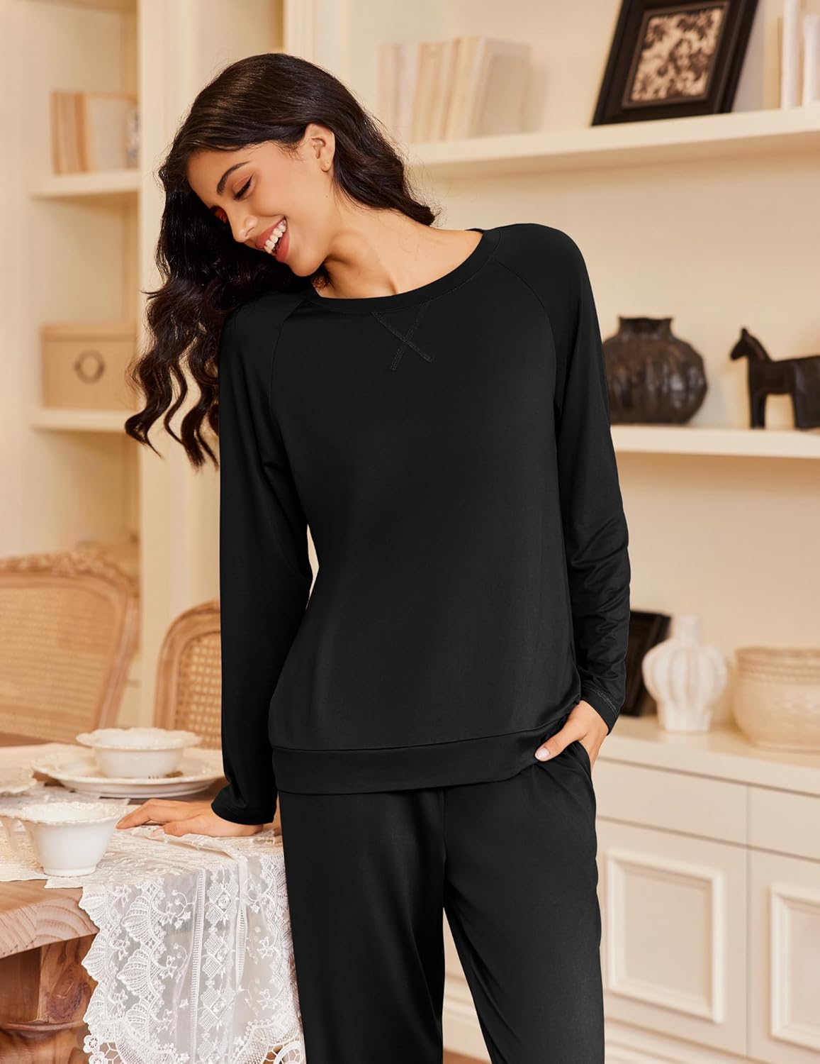 Long-sleeve PJ set in black, crewneck top and matching drawstring pants