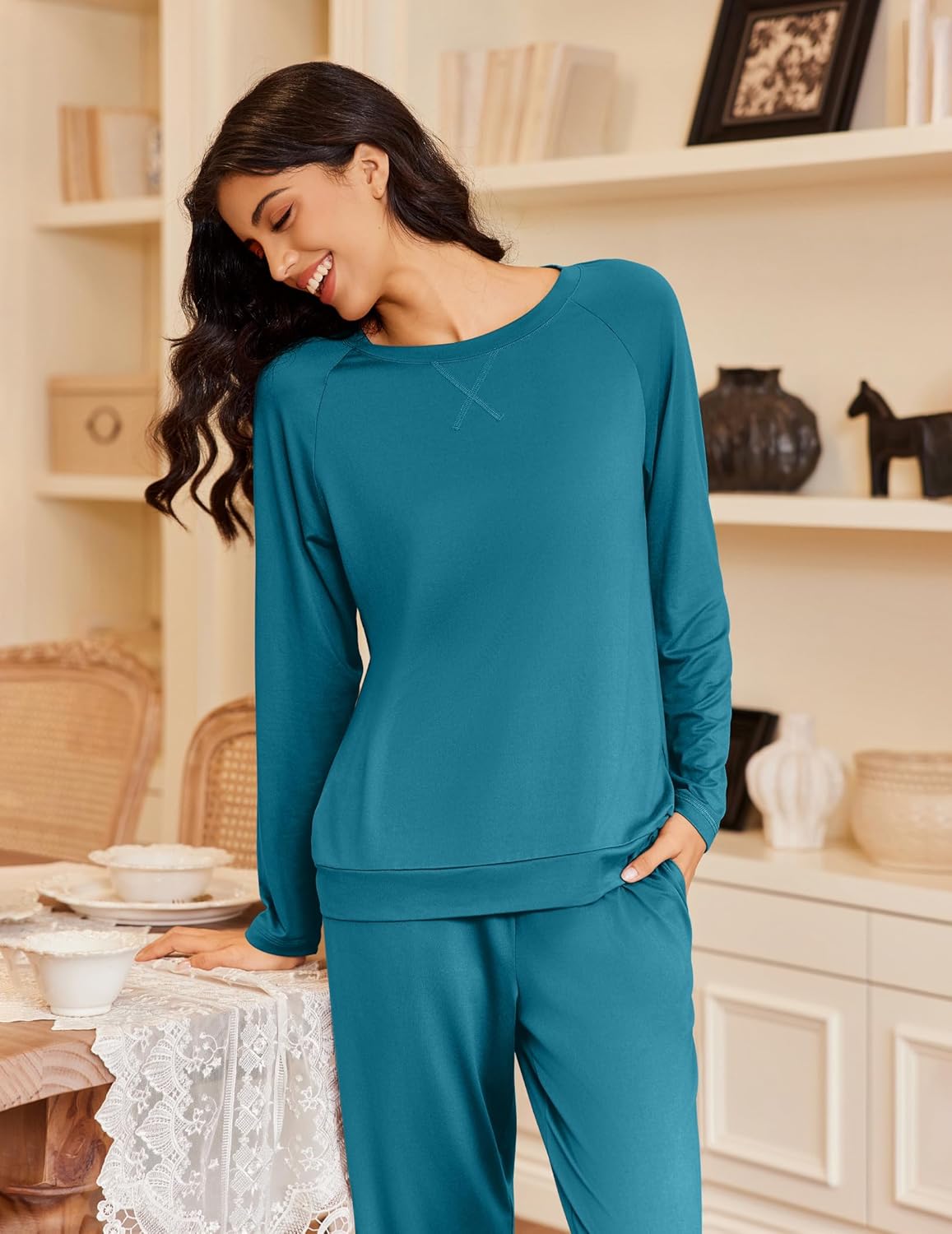 Teal long sleeve pajama top with matching pants, relaxed drawstring style