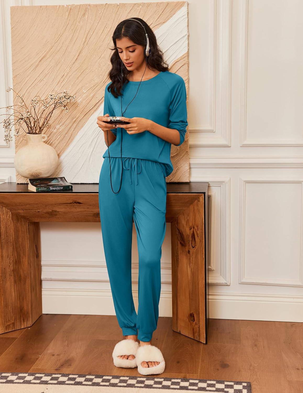 Long sleeve 2-piece pajama set in teal, drawstring pants and matching top