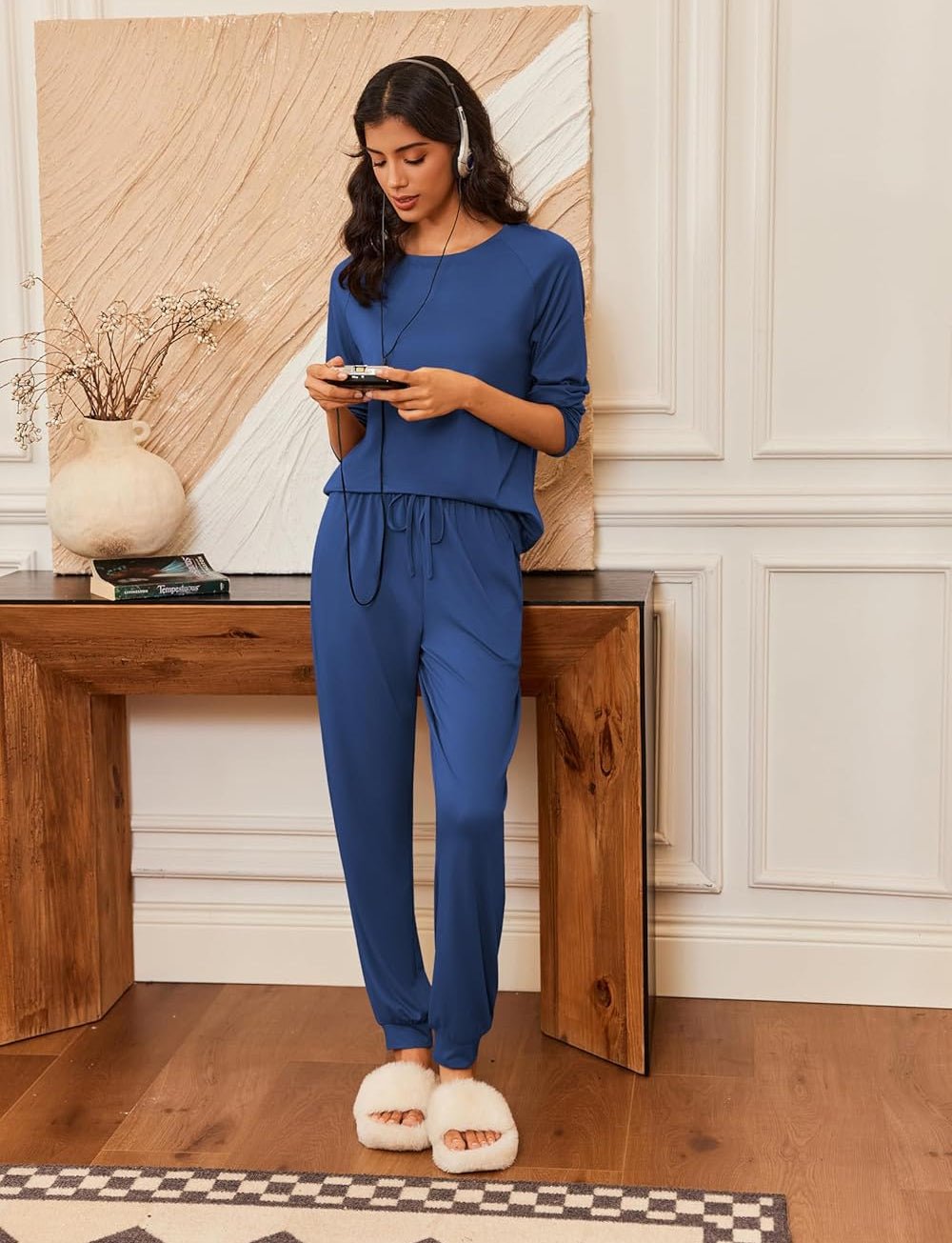 Long-sleeve PJ set in blue: top with drawstring waist and ankle-length tapered pants