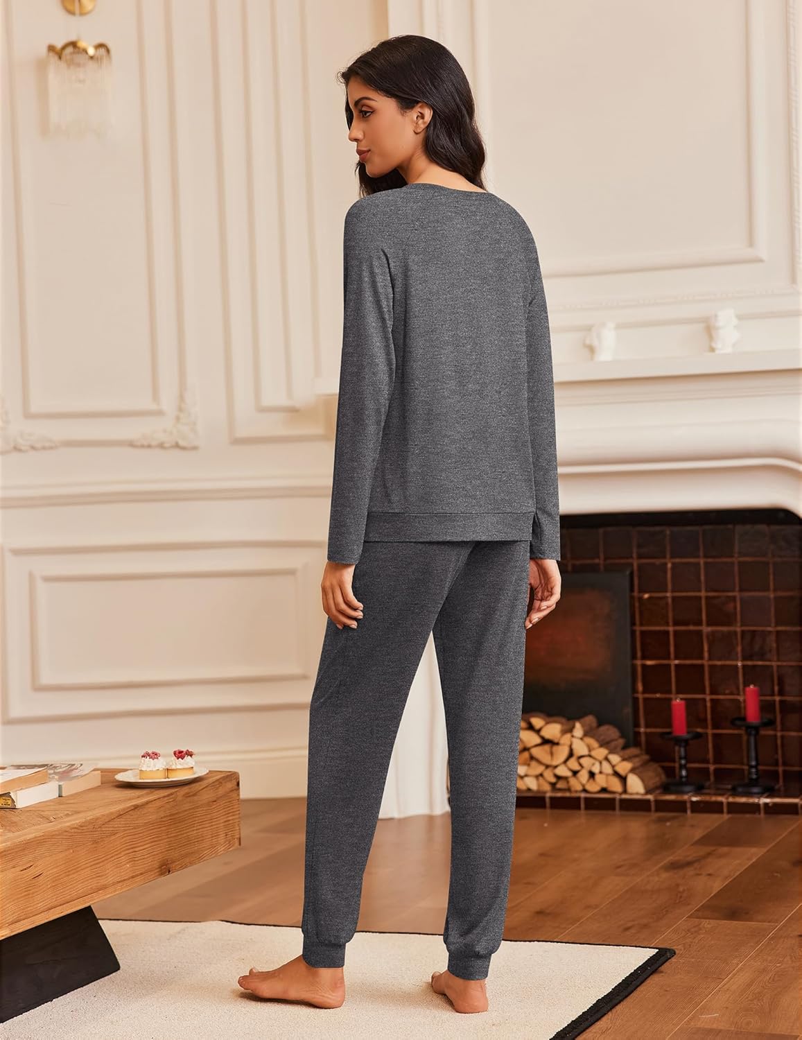 Long-sleeve PJ set in dark grey, back view with long sleeves and tapered pants