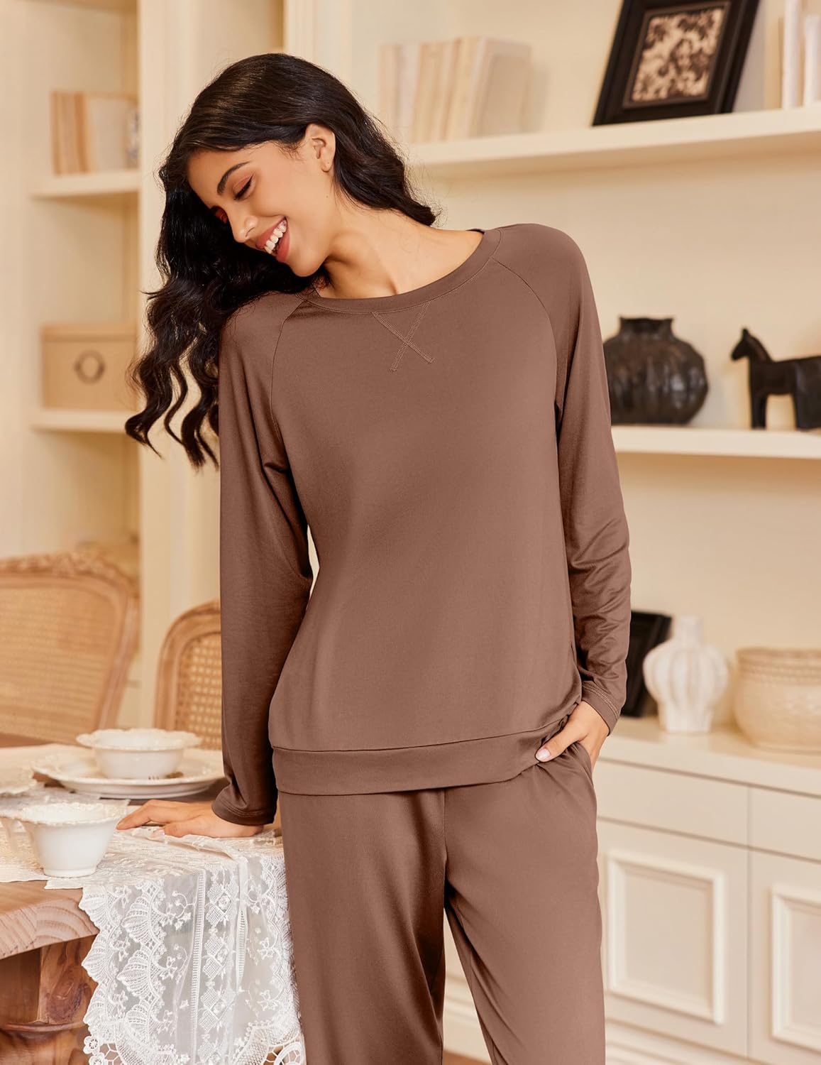 Brown long sleeve pajama top and matching drawstring pants, relaxed fit