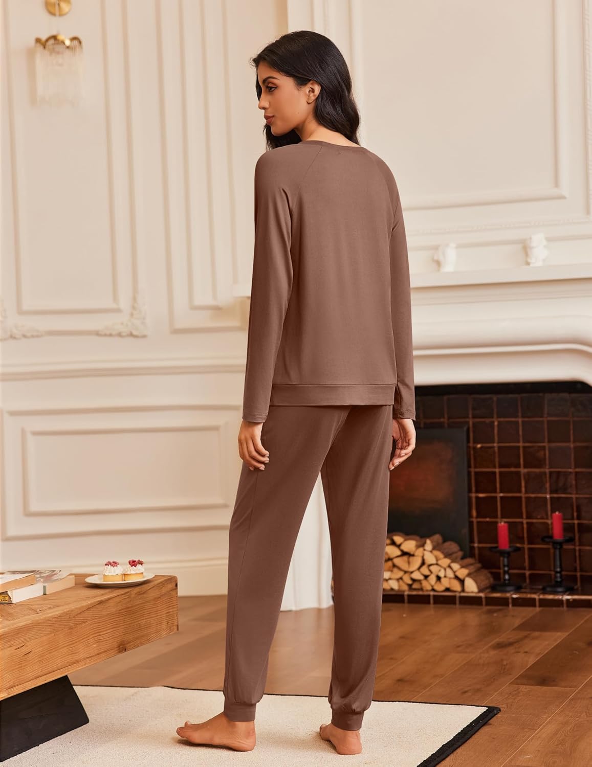 Back view of brown long sleeve 2-piece pajama set with drawstring pants