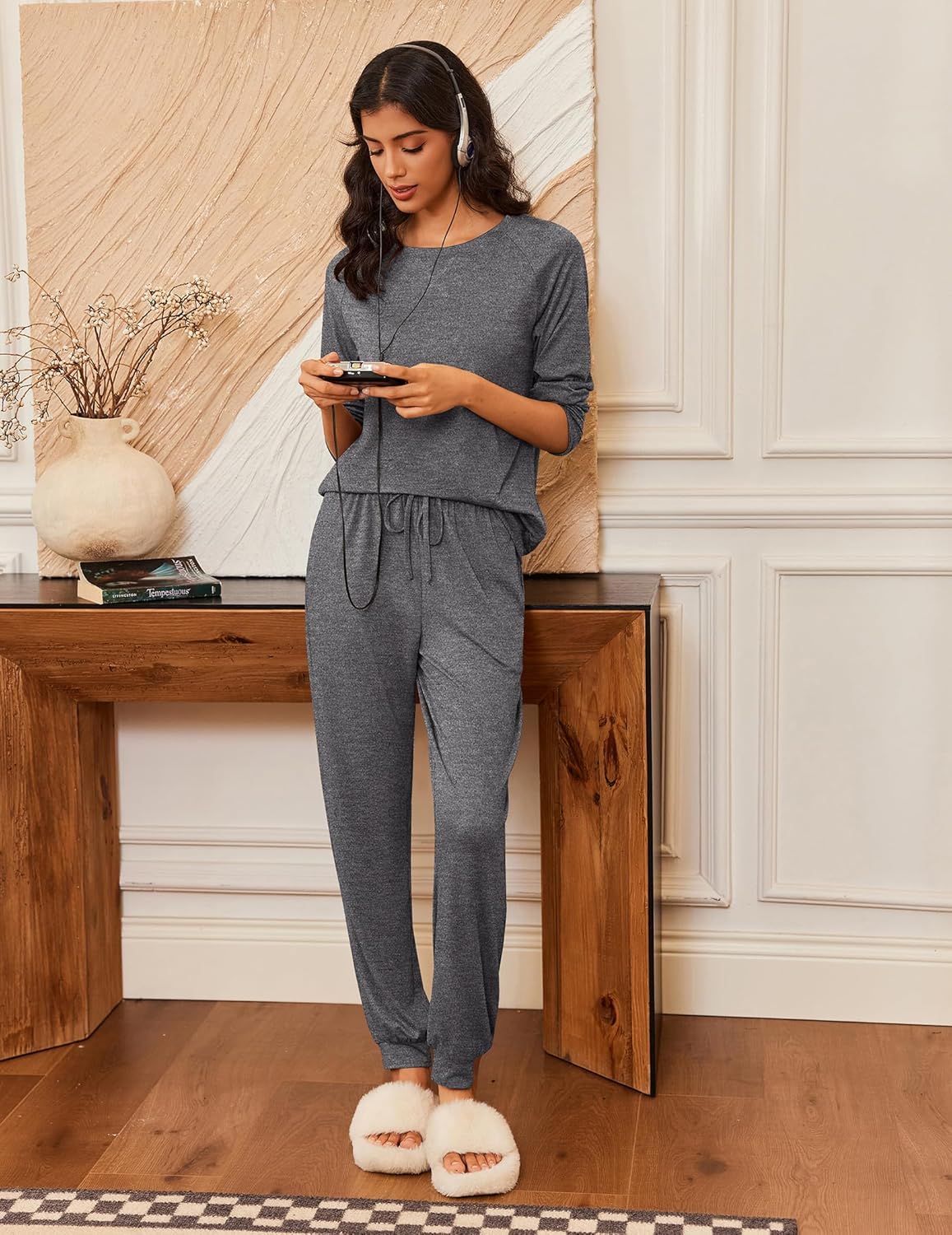 Long-sleeve PJ set in dark grey with drawstring waist and tapered jogger pants