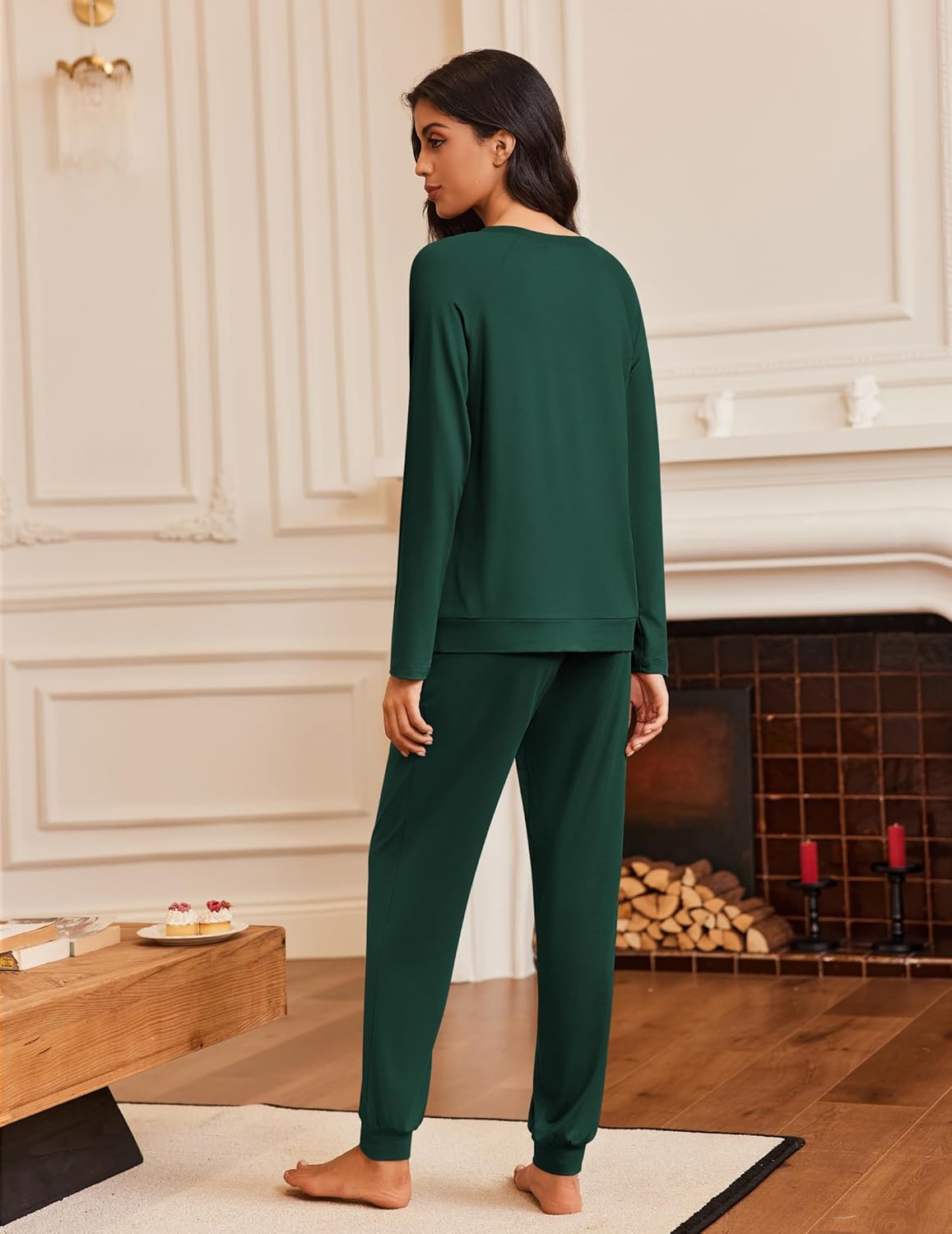 Back view of green long-sleeve pajama set with matching straight-leg pants.
