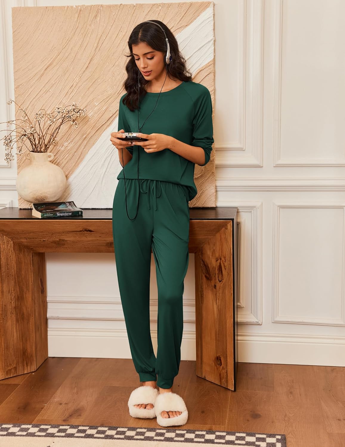 Green long-sleeve pajama set with drawstring waist pants; soft, comfy sleepwear.