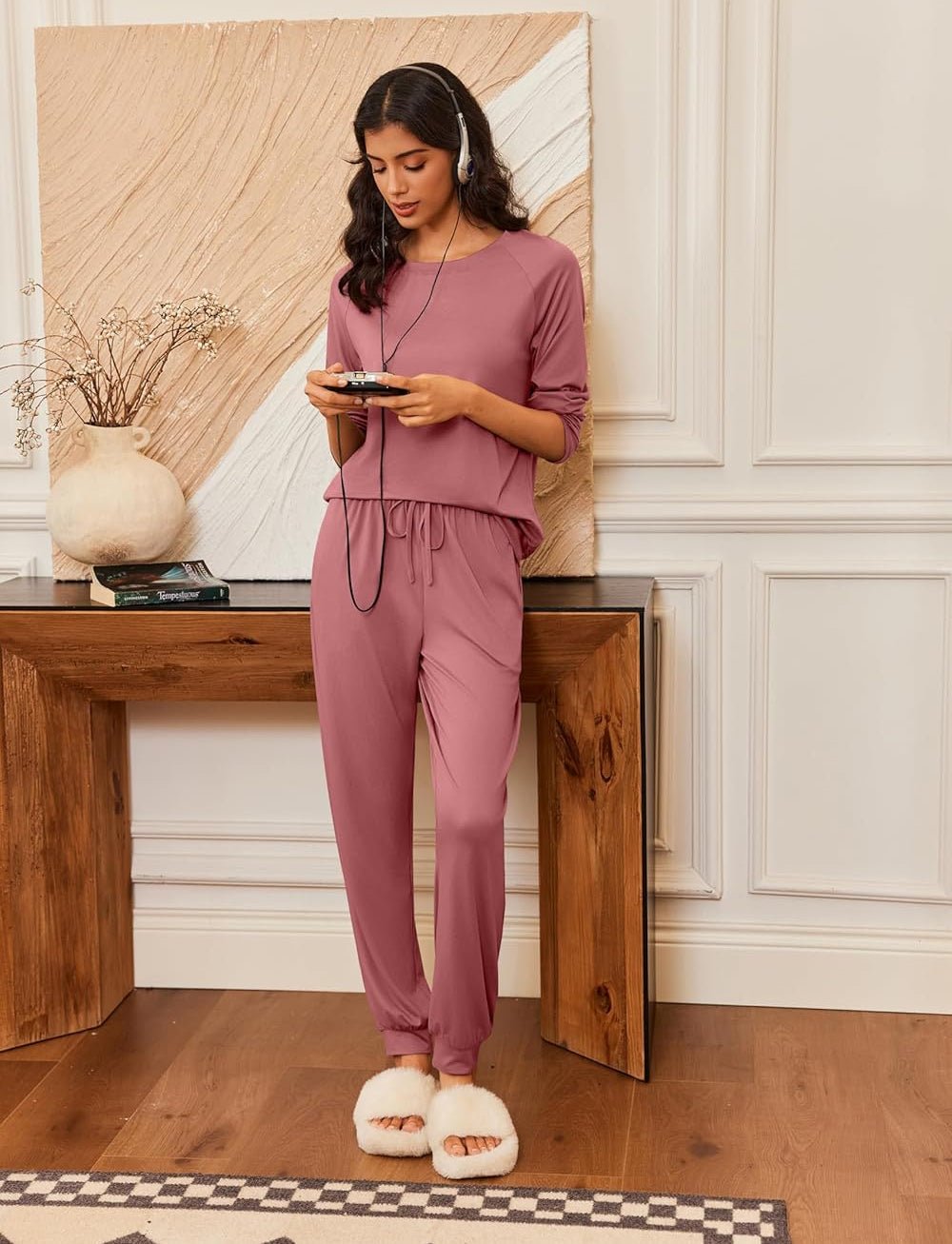 Long sleeve 2-piece pajama set in dusty rose, drawstring waist pants