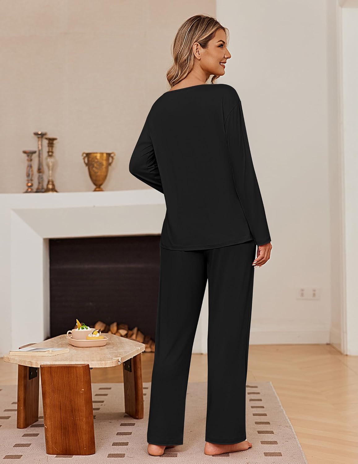 Pleated pajama set, long-sleeve black top and matching wide-leg pants