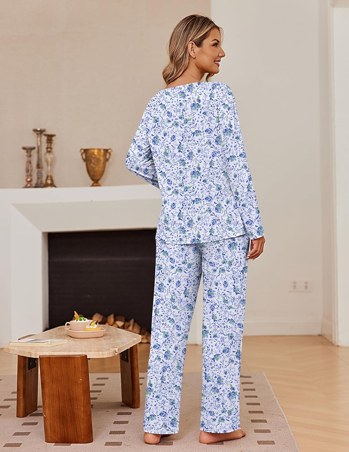 Two-piece long-sleeve pajama set in light blue floral with matching straight-leg pants
