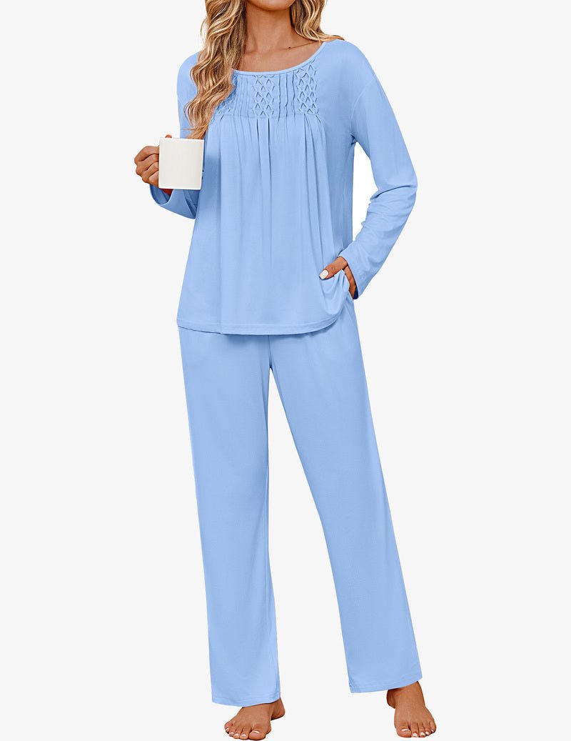 Light blue long sleeve pleated pajama set, matching top and pants
