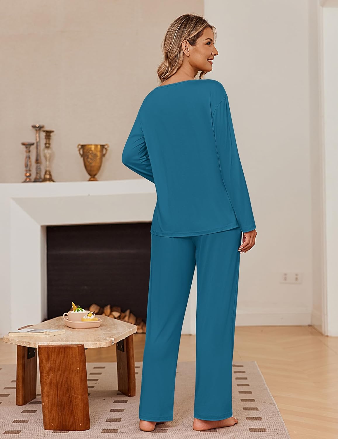 Two-piece long-sleeve pajama set in teal blue with matching straight-leg pants