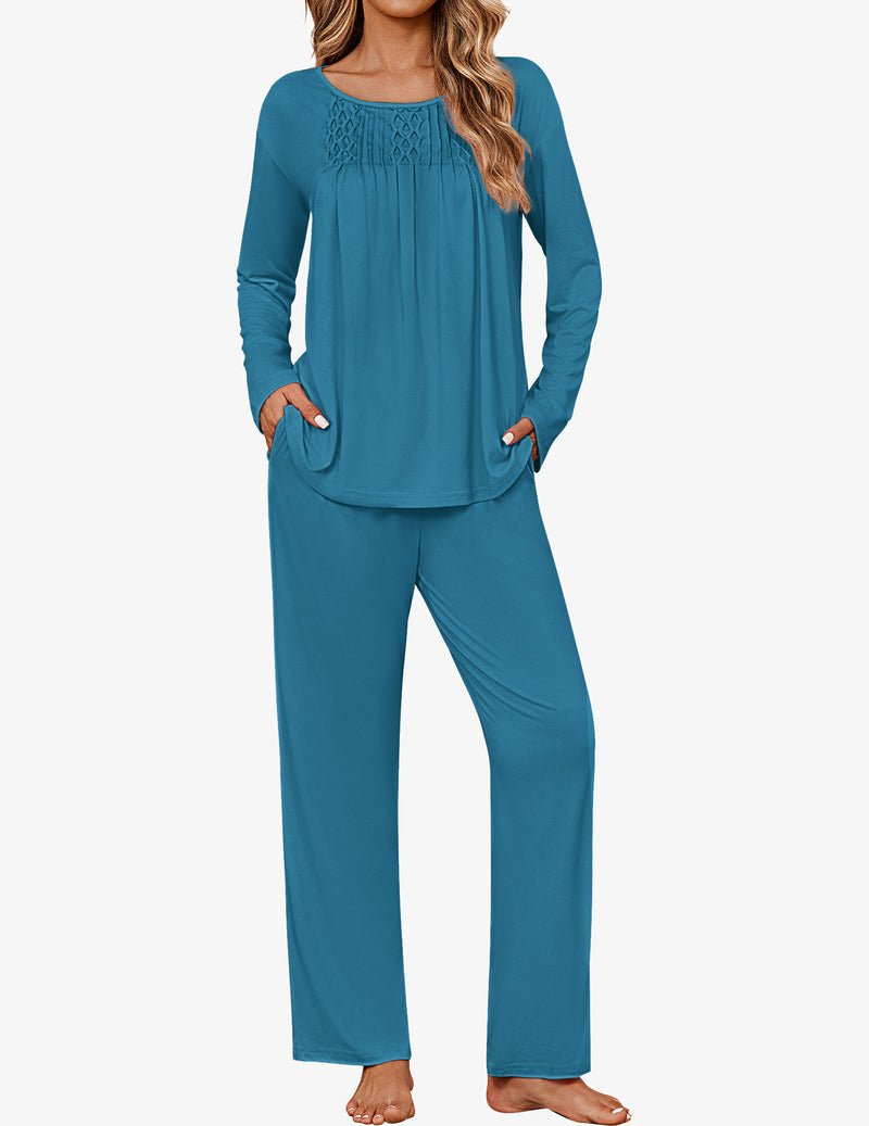 Teal blue long sleeve pleated pajama set, matching top and pants