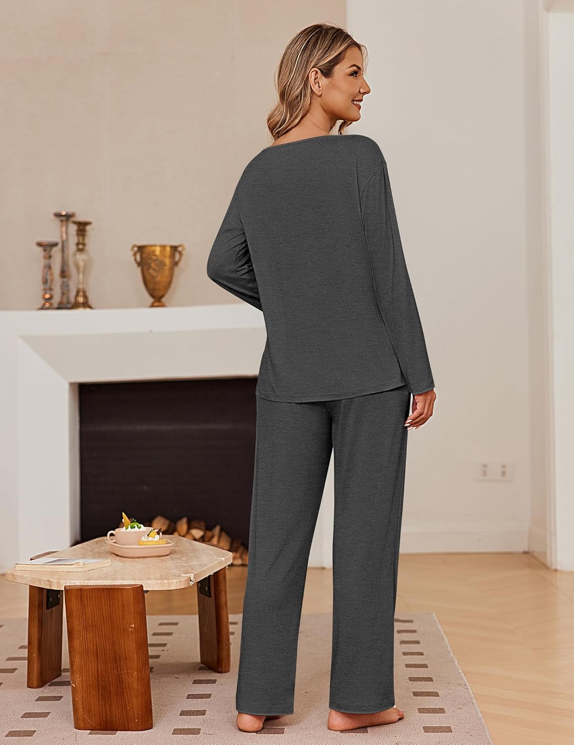 Pleated pajama set, dark gray long-sleeve top and wide-leg pants, back view