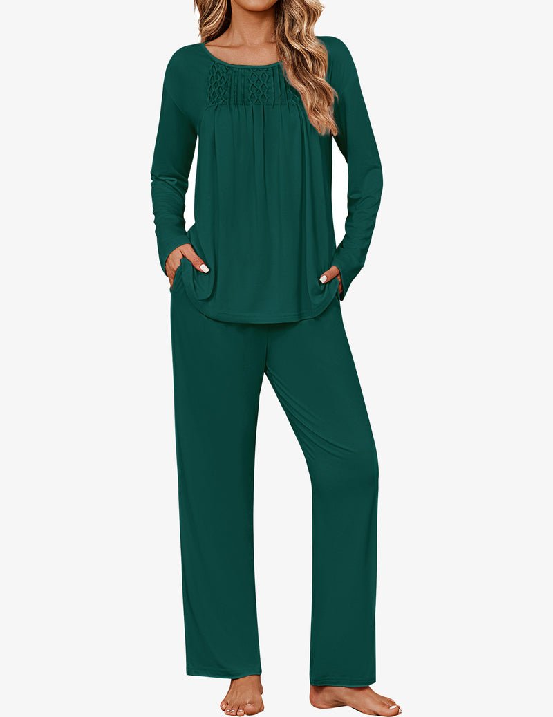 Deep green long-sleeve pleated pajama set with matching straight-leg pants
