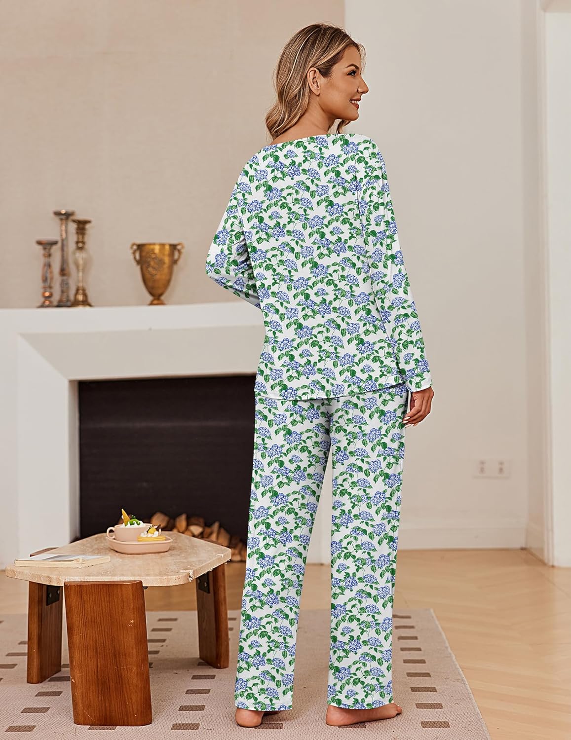 Green floral pajama set, long sleeves and matching straight-leg pants, back view
