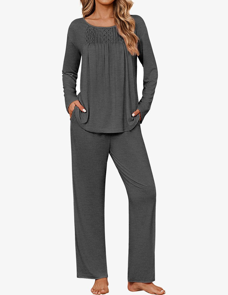 Dark gray long-sleeve pleated pajama set with relaxed straight pants