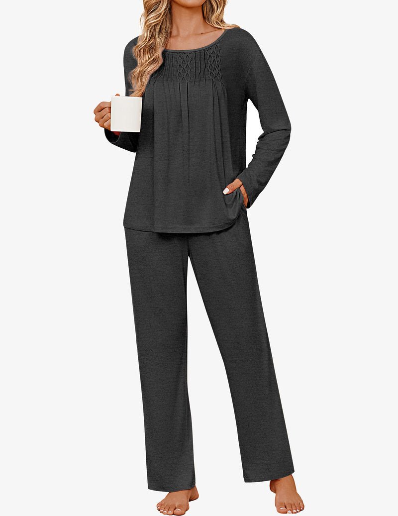 Charcoal gray long-sleeve pleated pajama set with matching straight-leg pants