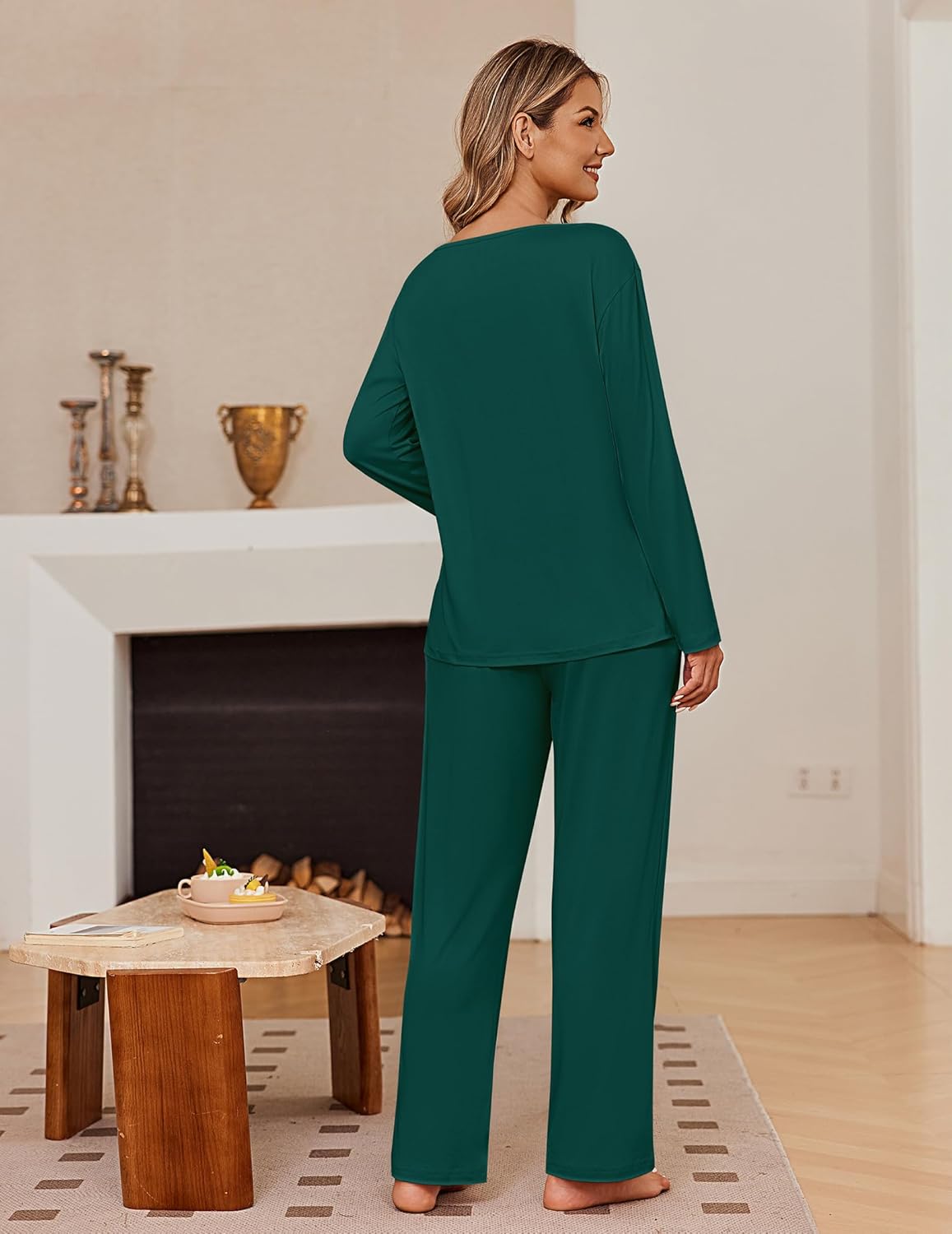 Pleated pajama set, long-sleeve green top and matching wide-leg pants, back view