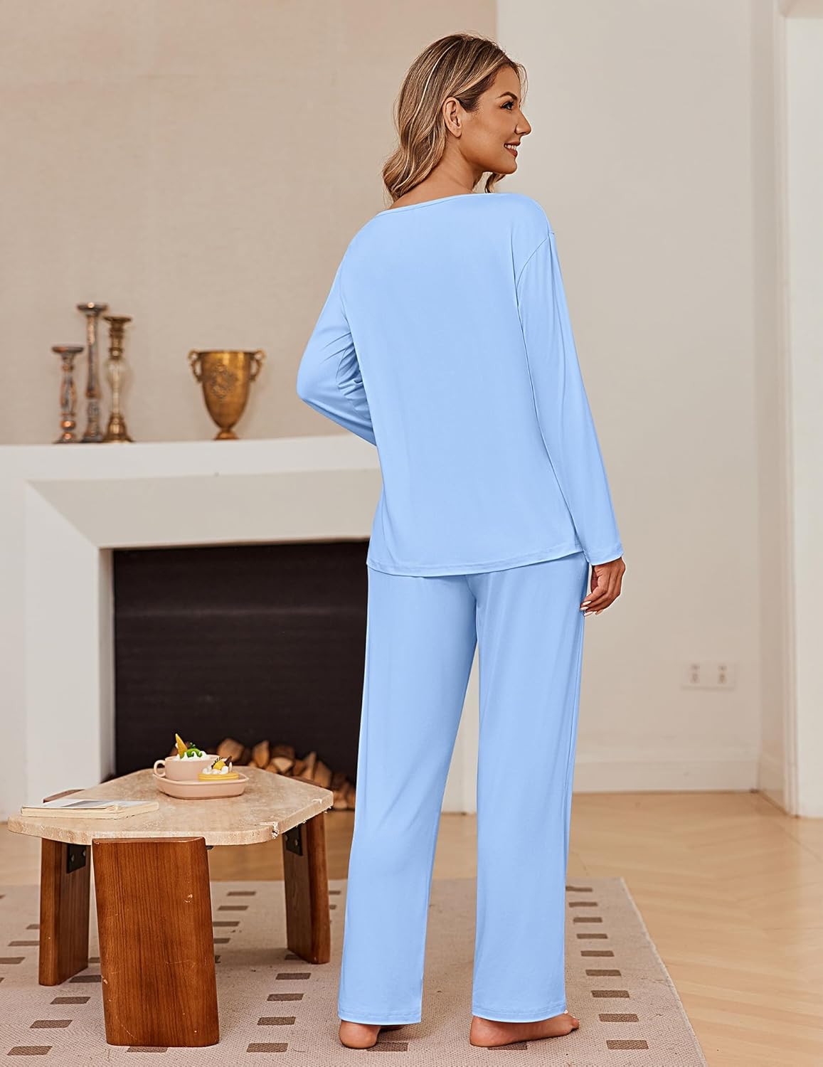 Light blue long sleeve pajama set, back view top and pants
