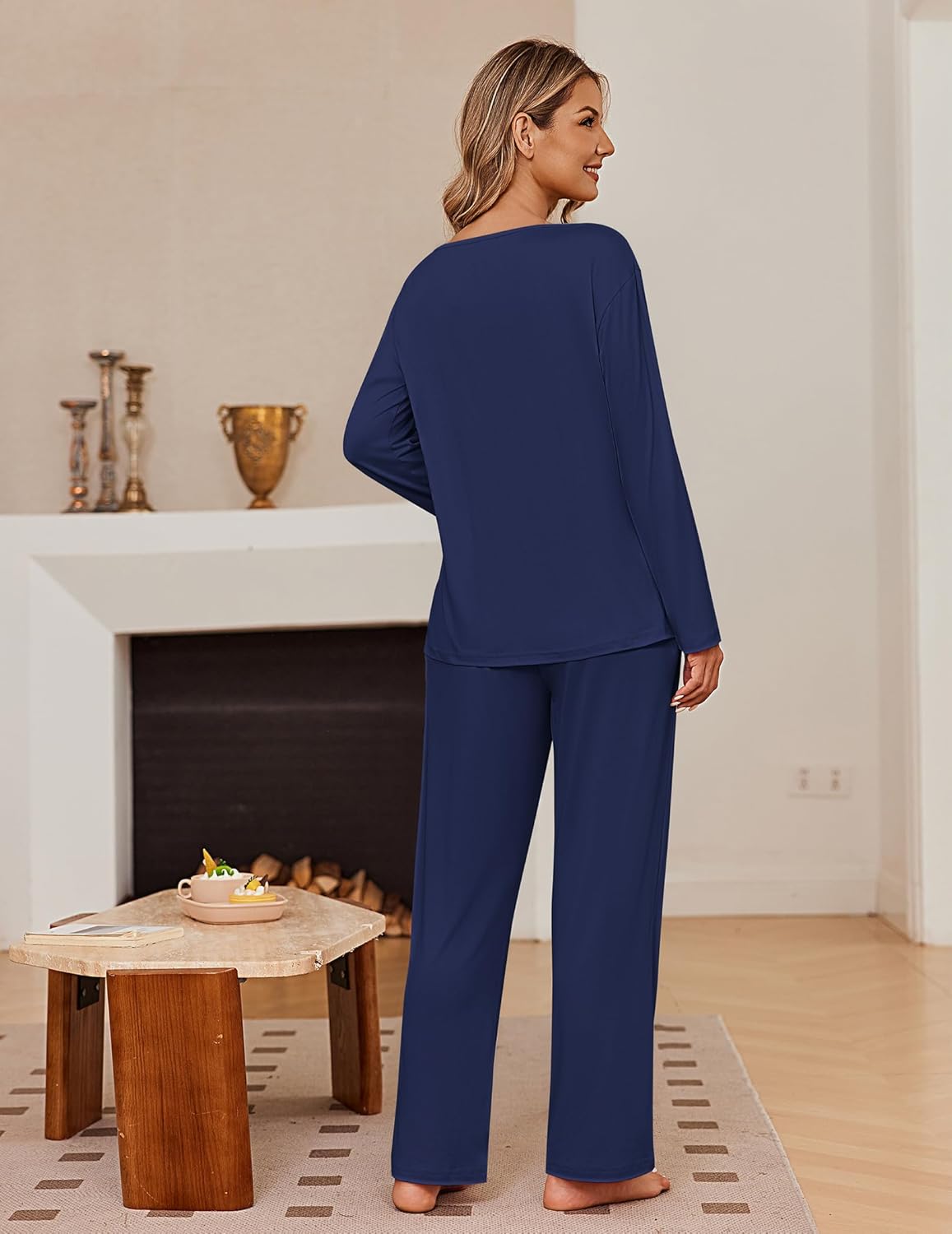 Pleated pajama set, long-sleeve navy top and matching wide-leg pants, back view