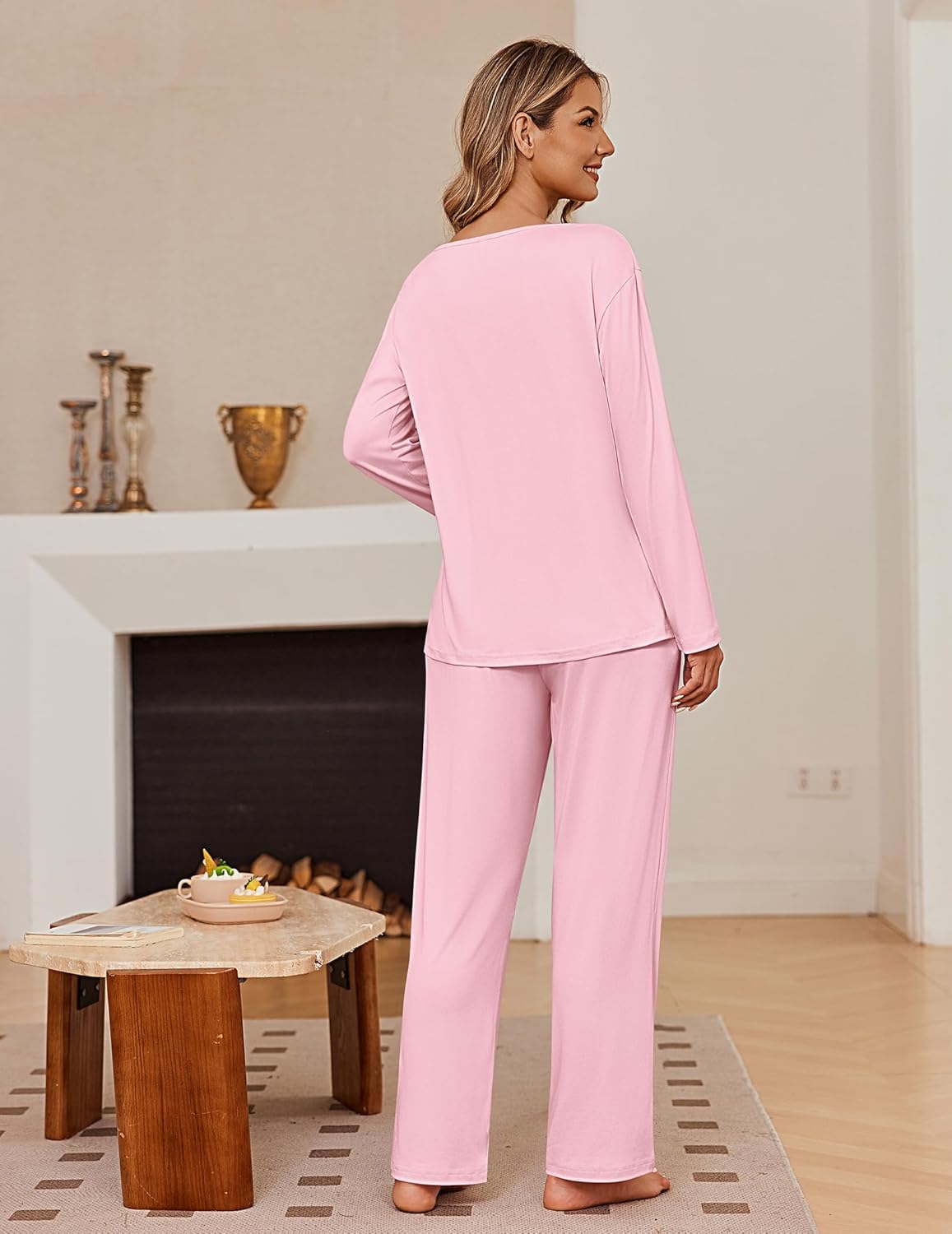 Two-piece long-sleeve pajama set in light pink with matching straight-leg pants