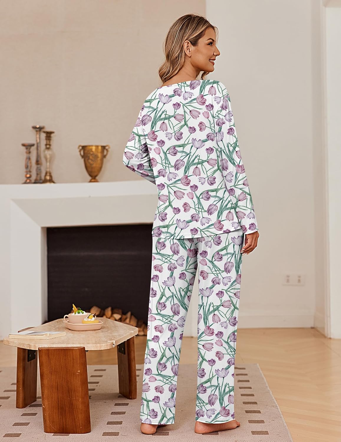 Pleated pajama set, long-sleeve floral pajama top and matching wide-leg pants, back