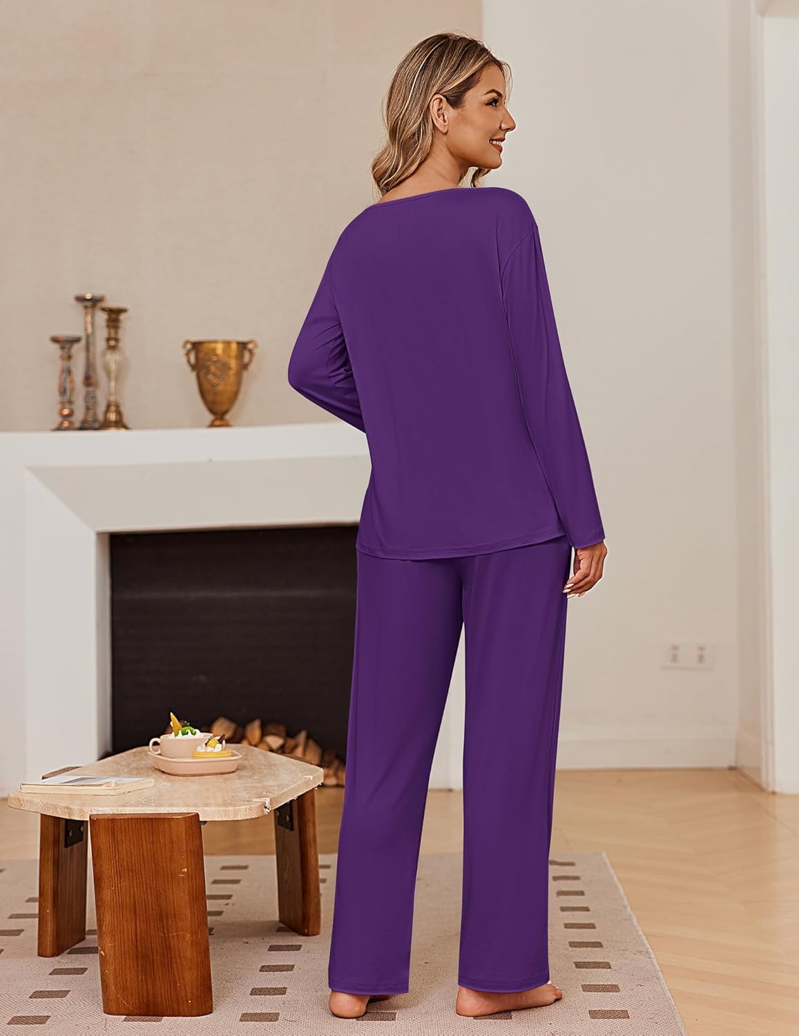 Two-piece long-sleeve pajama set in deep purple with matching straight-leg pants