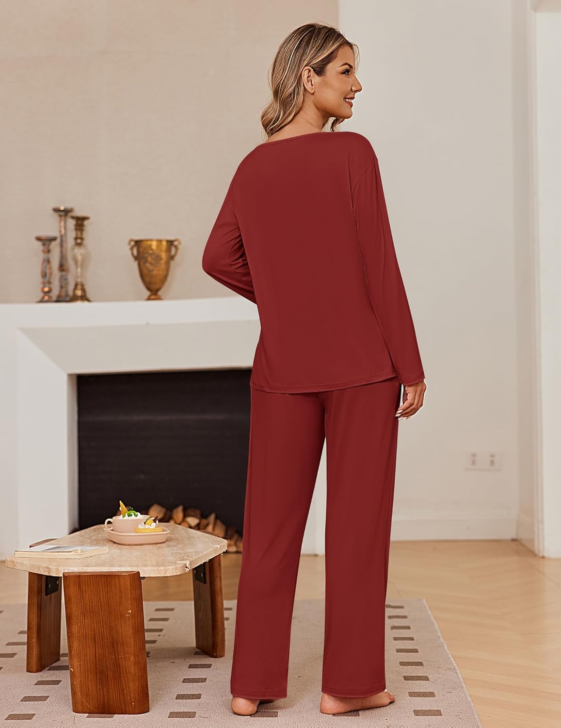 Two-piece long-sleeve pajama set in wine red with matching straight-leg pants