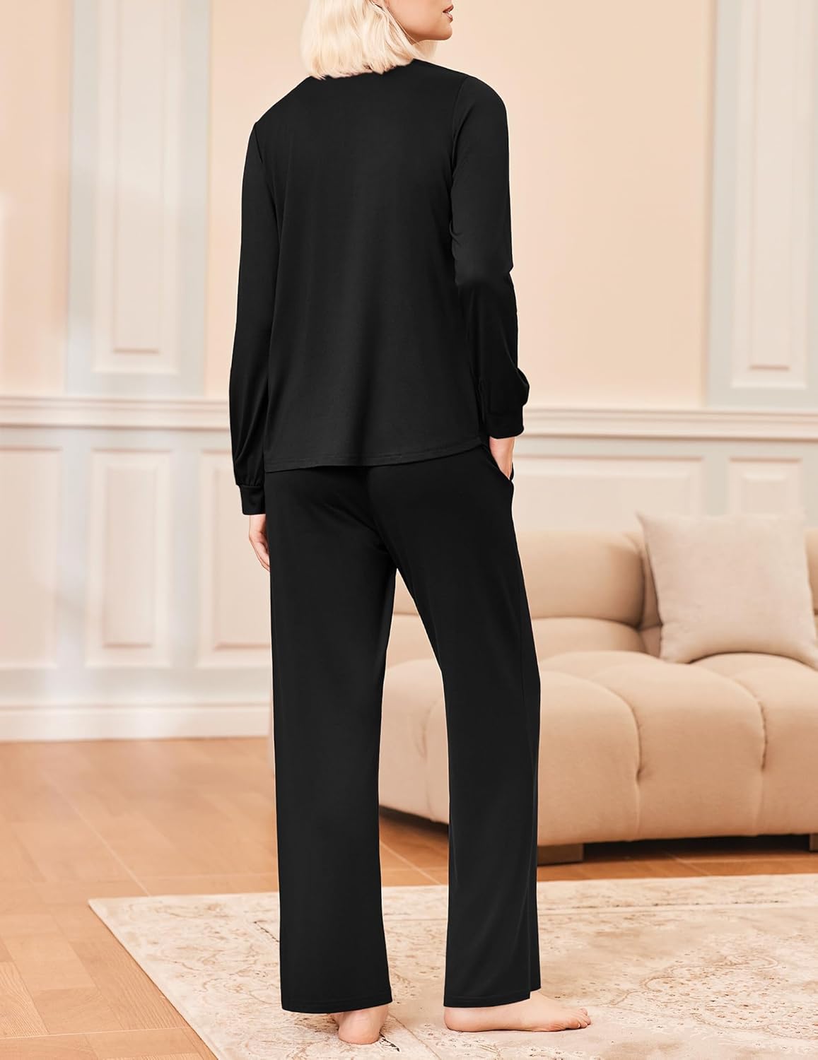 Back view black long-sleeve V-neck sleep set with straight pants
