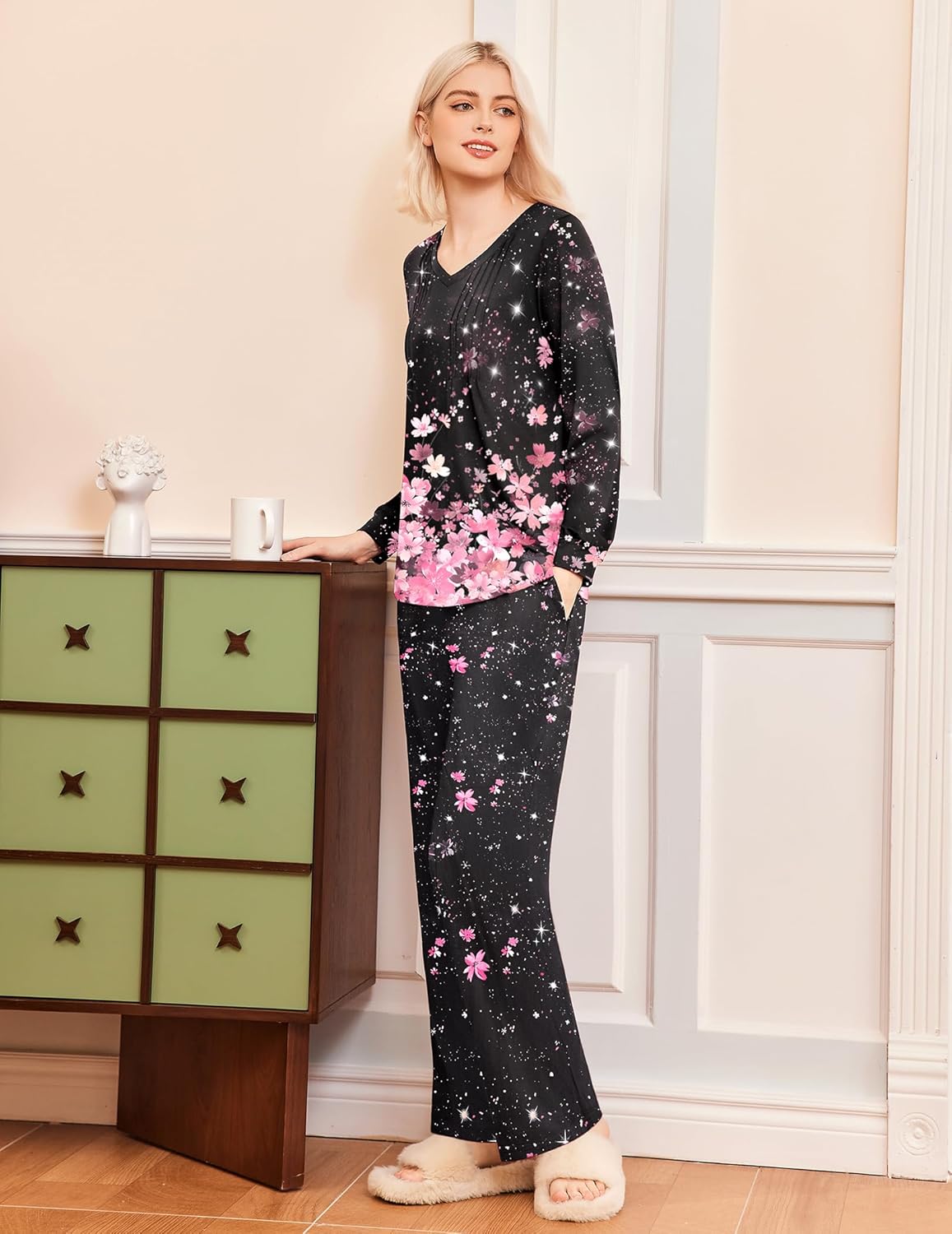 Black long-sleeve V-neck sleep set with pink floral print and wide-leg pants