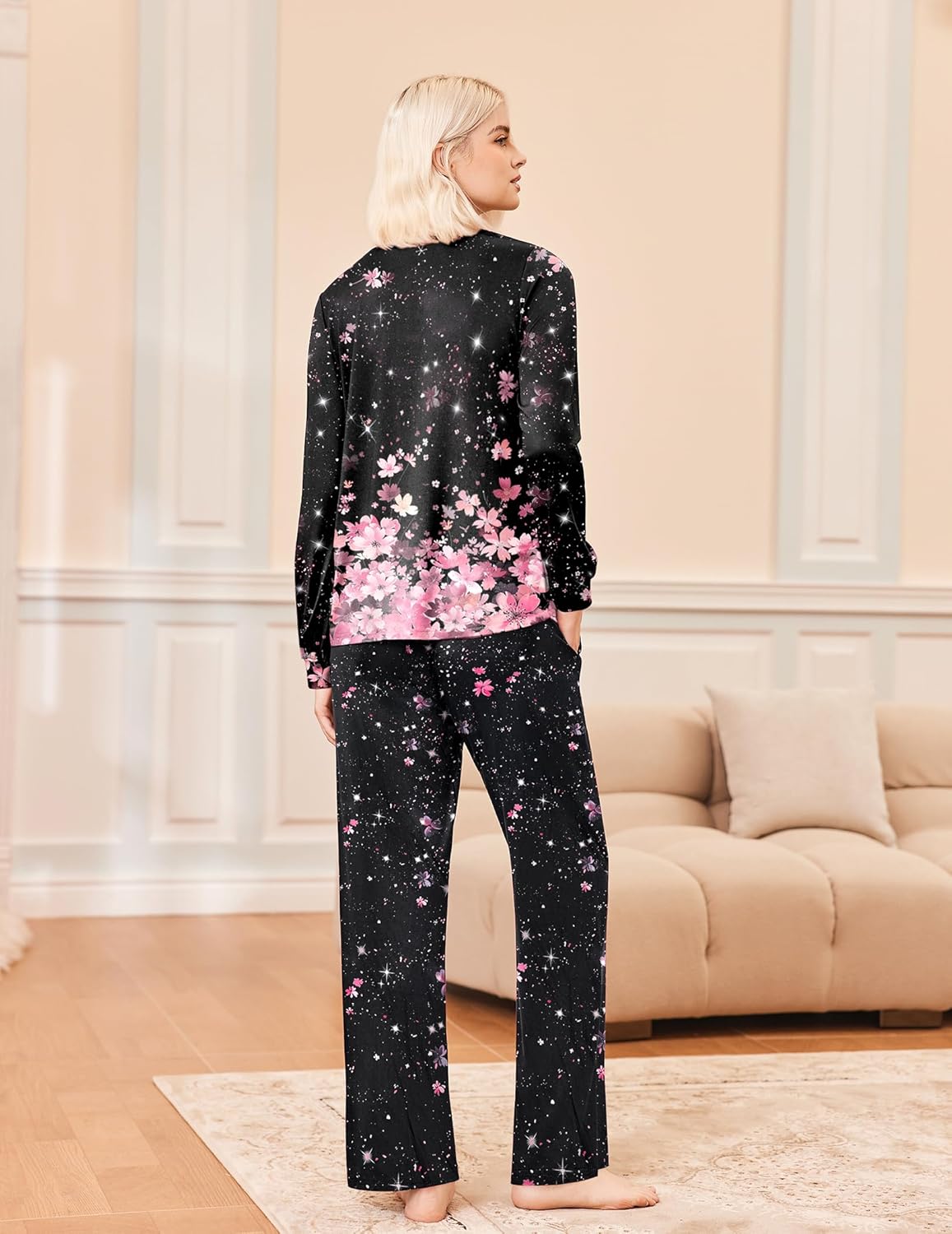 Black star floral V-neck long-sleeve pajama set, back view