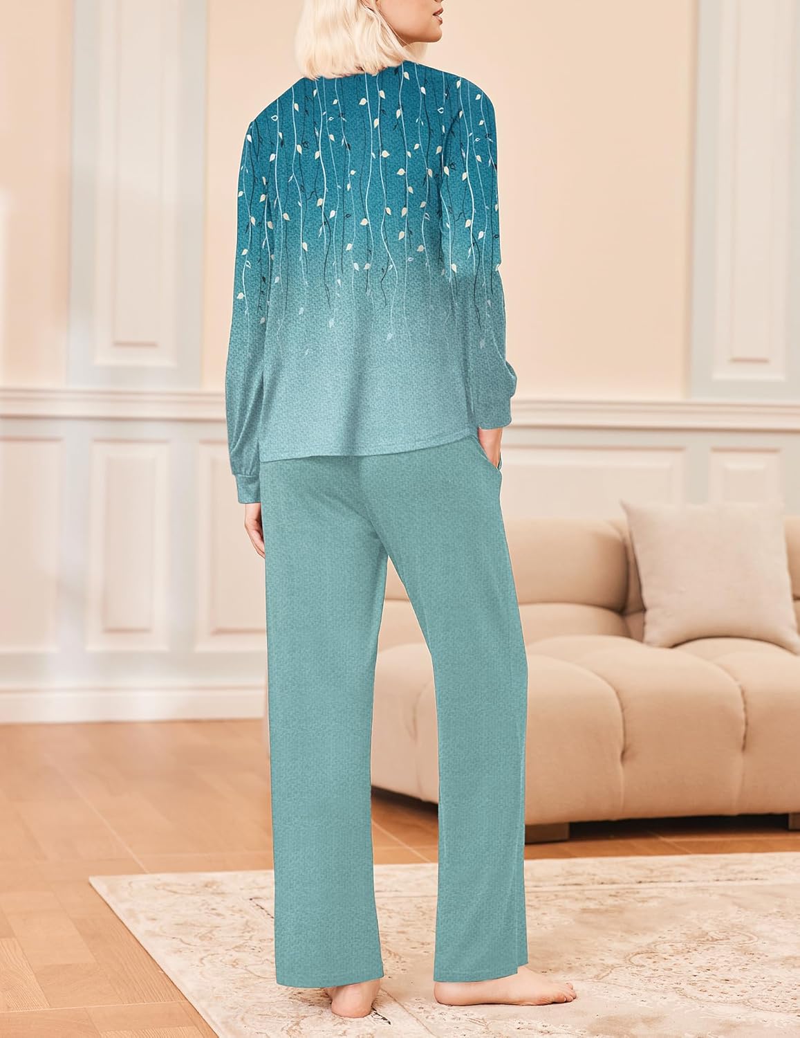 Back view of teal printed long-sleeve V-neck sleep set with straight pants