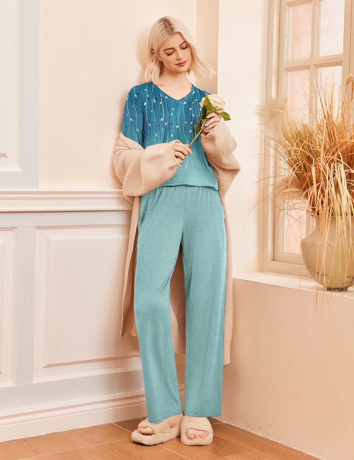 Teal printed long-sleeve V-neck sleepwear set with relaxed wide-leg pants