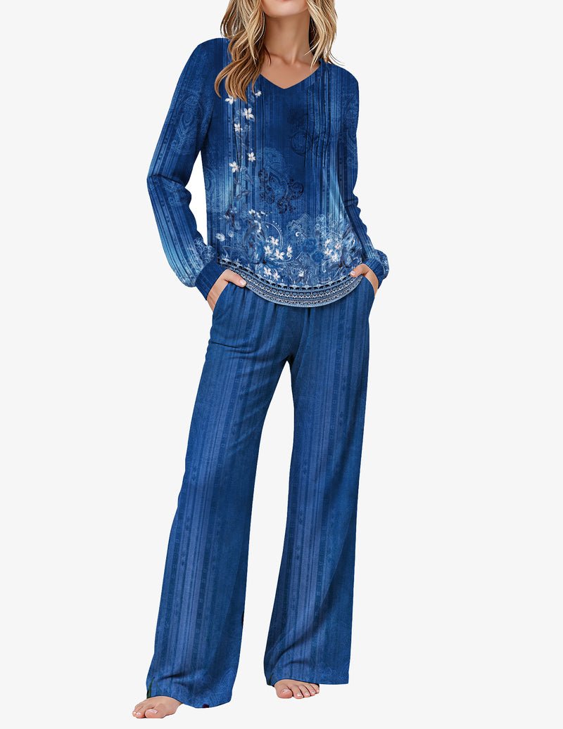 Schlafanzug mit V-Ausschnitt, lange Ärmel und weite Hose, blau mit Blumen- und Ornamentdruck