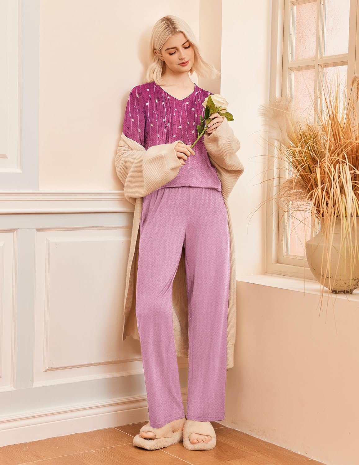 Purple printed long-sleeve V-neck sleepwear set with wide-leg pants
