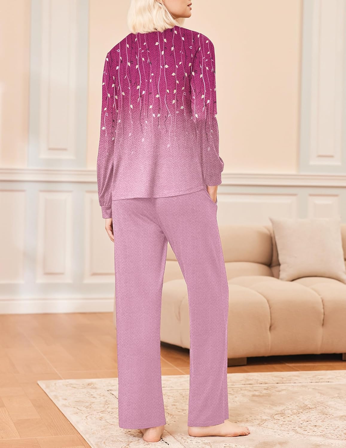 Back view of purple printed long-sleeve V-neck sleep set with straight pants